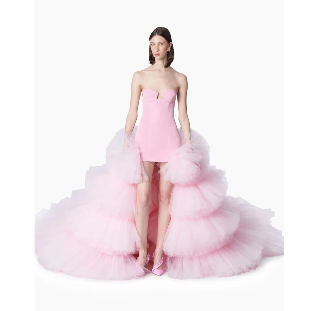 Charming Pink High Low Prom Gowns With Overskirt Very Puff Tiered Tulle Detachable Train Wedding Gowns Formal Party Dress