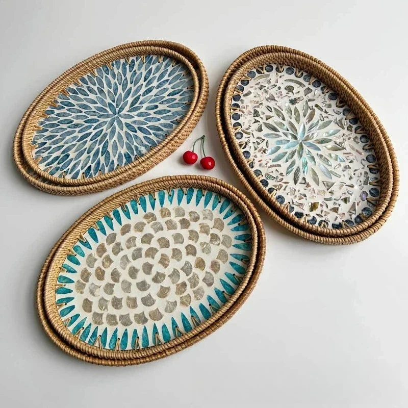 

Rattan Shell Tray Household Snack Storage Fruit Tray Tea Tray Dinner Plate Oval Fruit Storage Basket Shell Tray Household Items