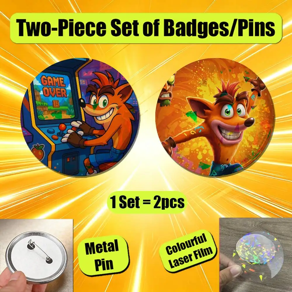 For Crash Bandicoot Fox Badge Pin Insignia 2 Pcs Set Round Button Emblem Laser Film Cosplay 25mm Custom