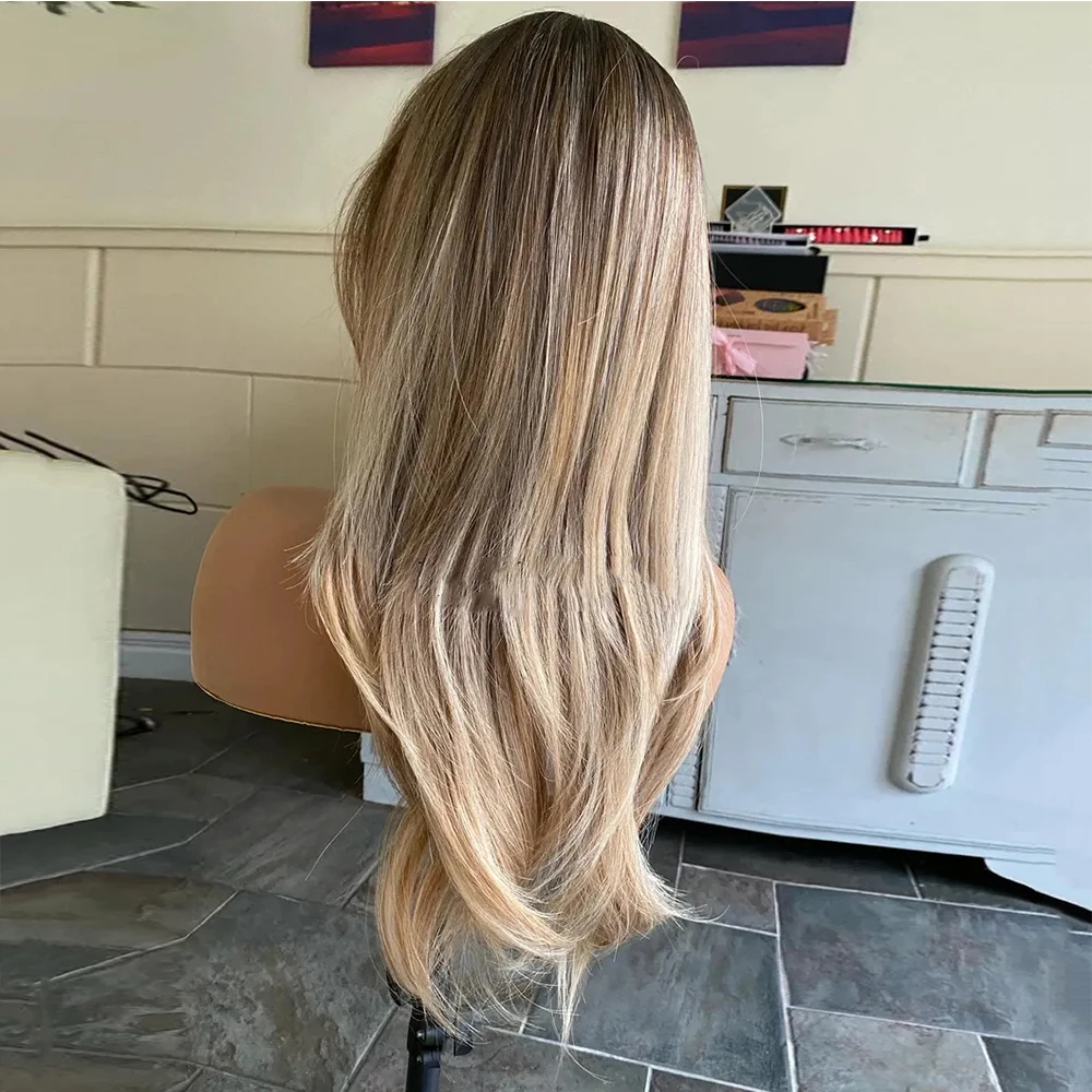 Pre plucked Synthetic Lace Front Wig Balayage Blonde Brown Wig Highlights Soft Straight Wigs For Women Heat Resistant Fibre