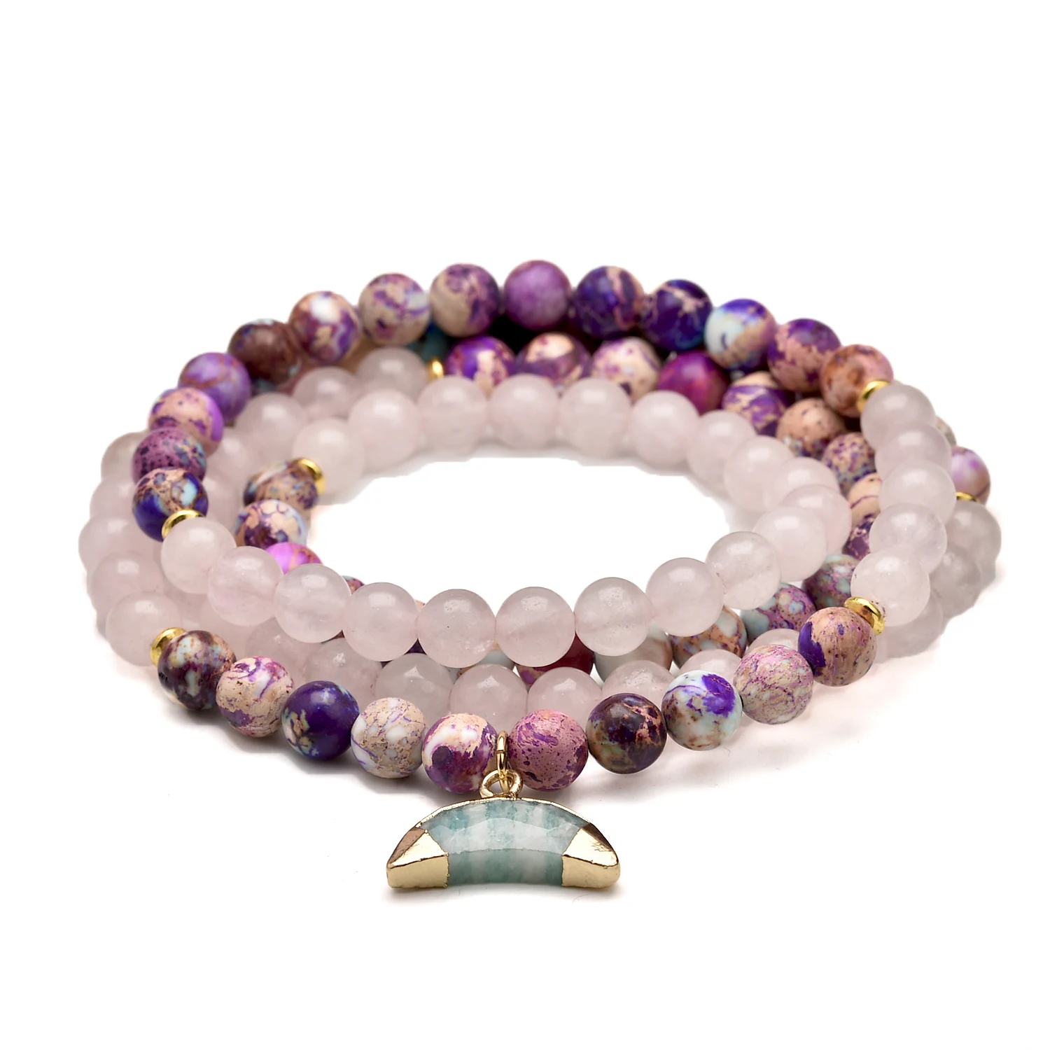 Handmade 108 Wrap Mala Prayer Bracelets Impression Jasper and Rose Quartz Bracelet Yoga Amazonite Moon Pendant 6mm