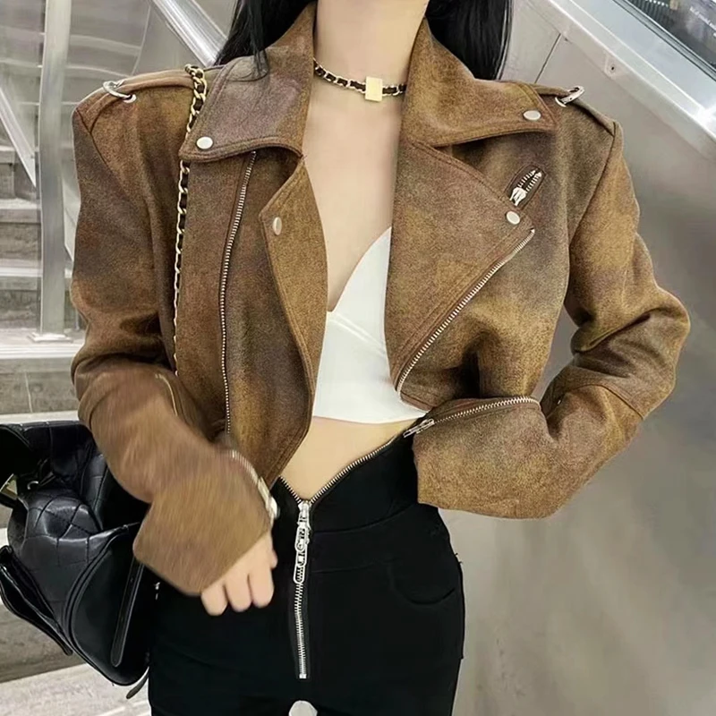 High Street Women Slim Short Faux Suede Jacket Brown Black Irregular Hem Lapel Zipper Long Sleeve Biker Jacket Female Coat