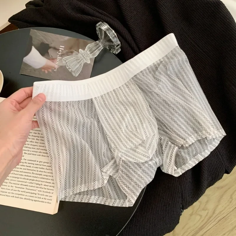 Quick Drying Men\'s Underwear Leopard Ice Silk U Pouch Boxer Shorts Zebra Striped Seamless Male Ultra-thin Flat Panties Mid Waist
