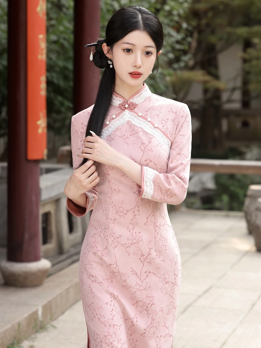 Young Elegant Lady Style Pink Long Sleeve Cheongsam Autumn New Improved Casual Clothes