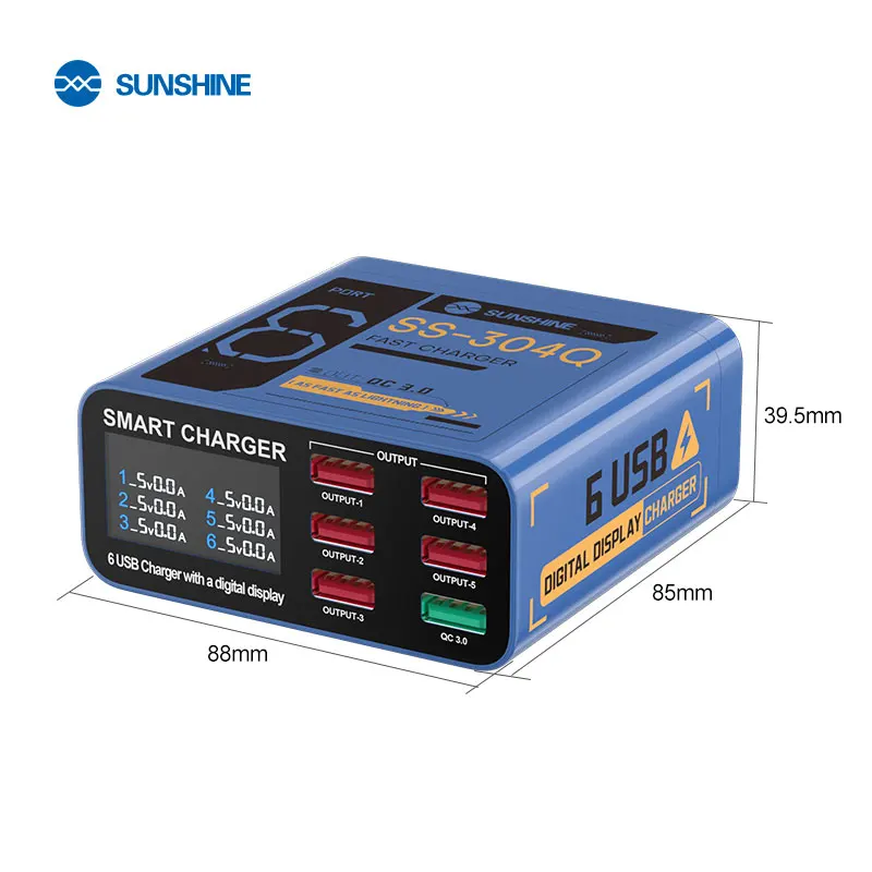 SUNSHINE SS-304Q Pantalla digital USB de 6 puertos Carga rápida QC3.0 Carga rápida Compatible con múltiples dispositivos