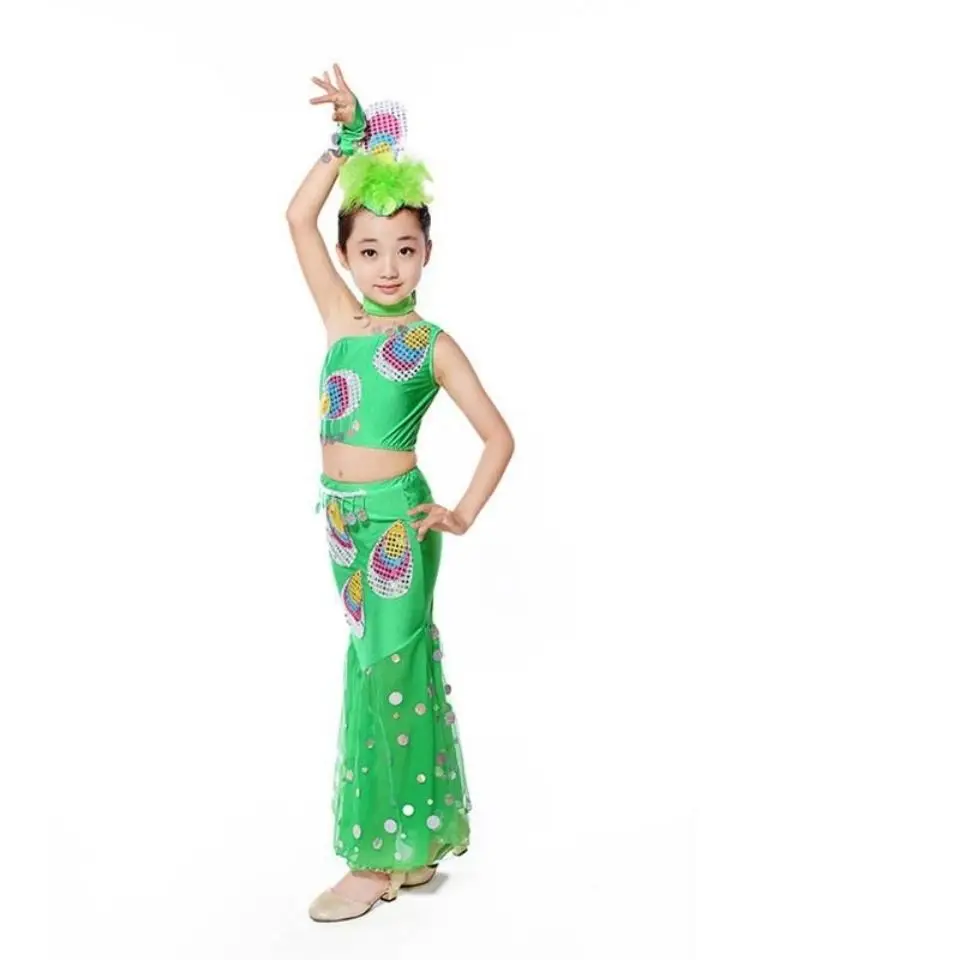 Indian Bollywood Dance Costume Kids Sexy Belly Dance Costume Set Peacock Dress Suit Girls Long Belly Mermaid Tail Costume Skirt