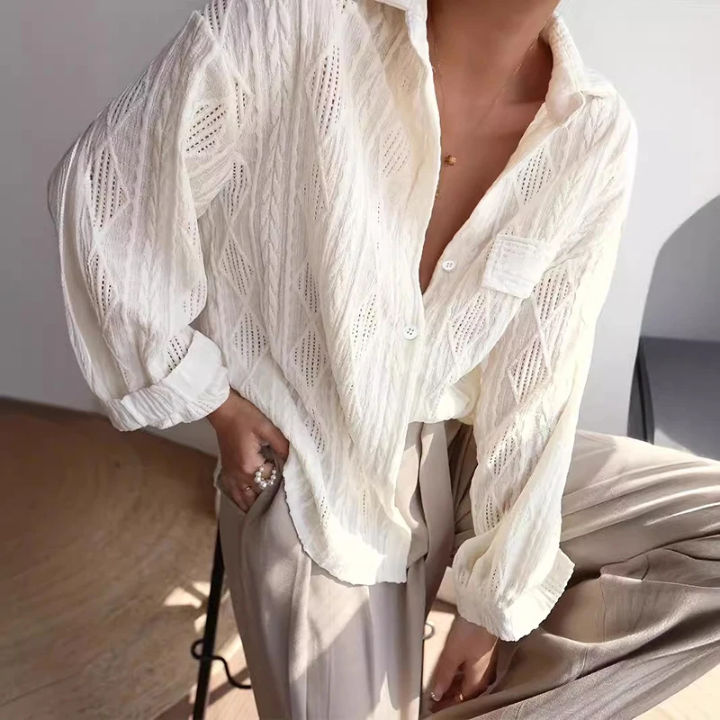 Female Solid Color Casual Shirts Fashion Turn-down Collar Long Sleeve Loose Blouse Elegant Temperament Commute Jacquard Cardigan