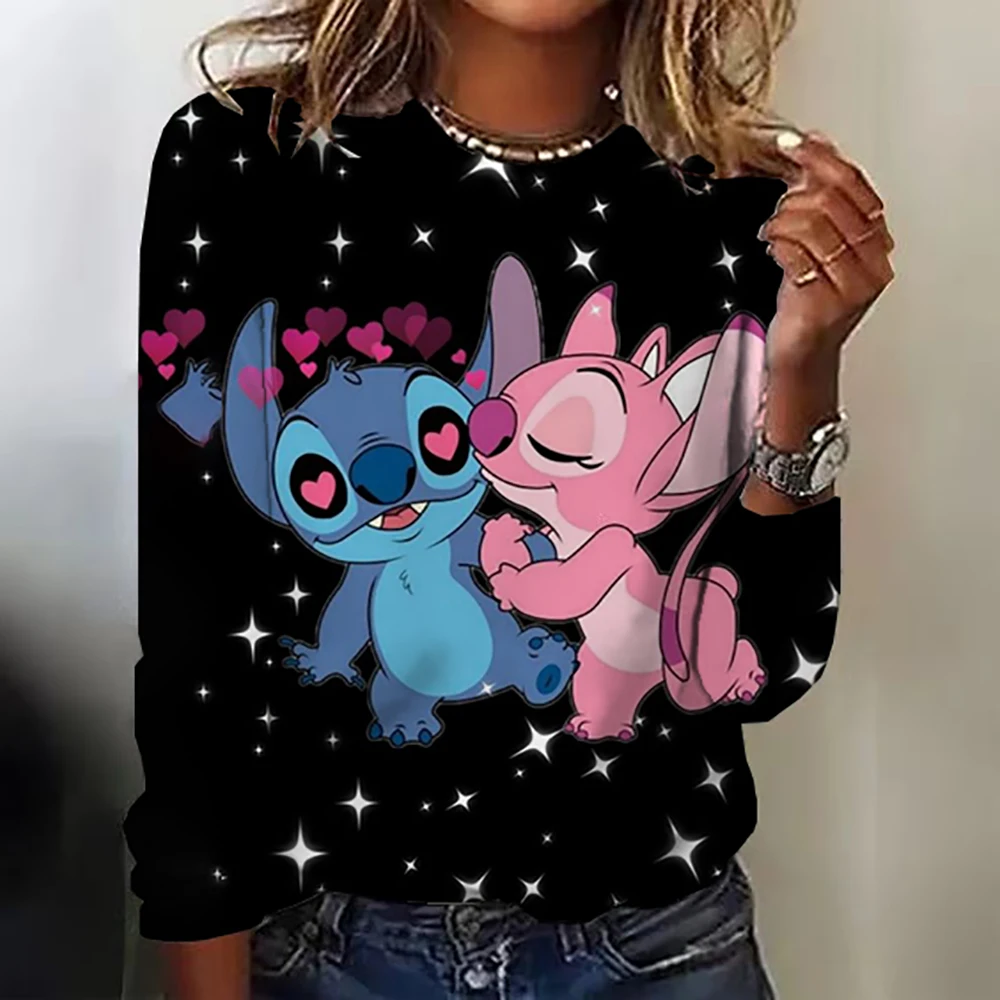 Kawaii Lilo Stitch Print T-shirts Tops for Women Lady Autumn Children T-shirts Casual O-neck Ohana Stitch Disney T-shirts