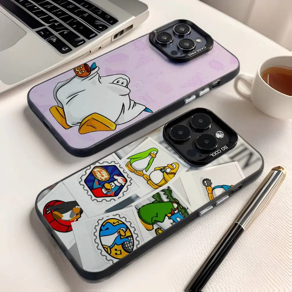 Funda de teléfono Game Club Penguin para iPhone 16,15,14,13,12,11,8,7,Pro,Max,Plus,Mini,XS,SE Anti caída negro mate duro