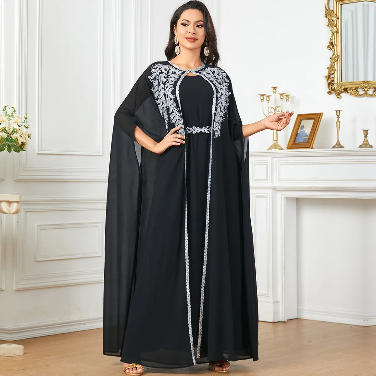 Elegant Cloak Party Gown for Women Moroccan Saudi Kimono Belted Dress Turkey Abayas Set Arab Kaftan Dubai Kaftan Muslim Jalabiya