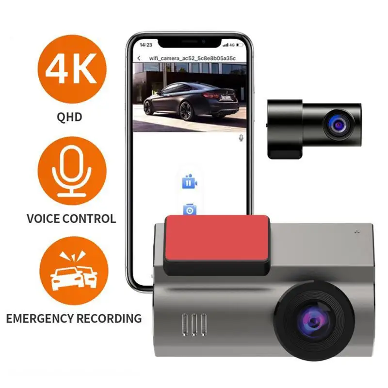 UHD4K+1080P Car DVR Dash Cam WiFi GPS front and rear dual lens Wide angle reverse view Voice control Loop recording