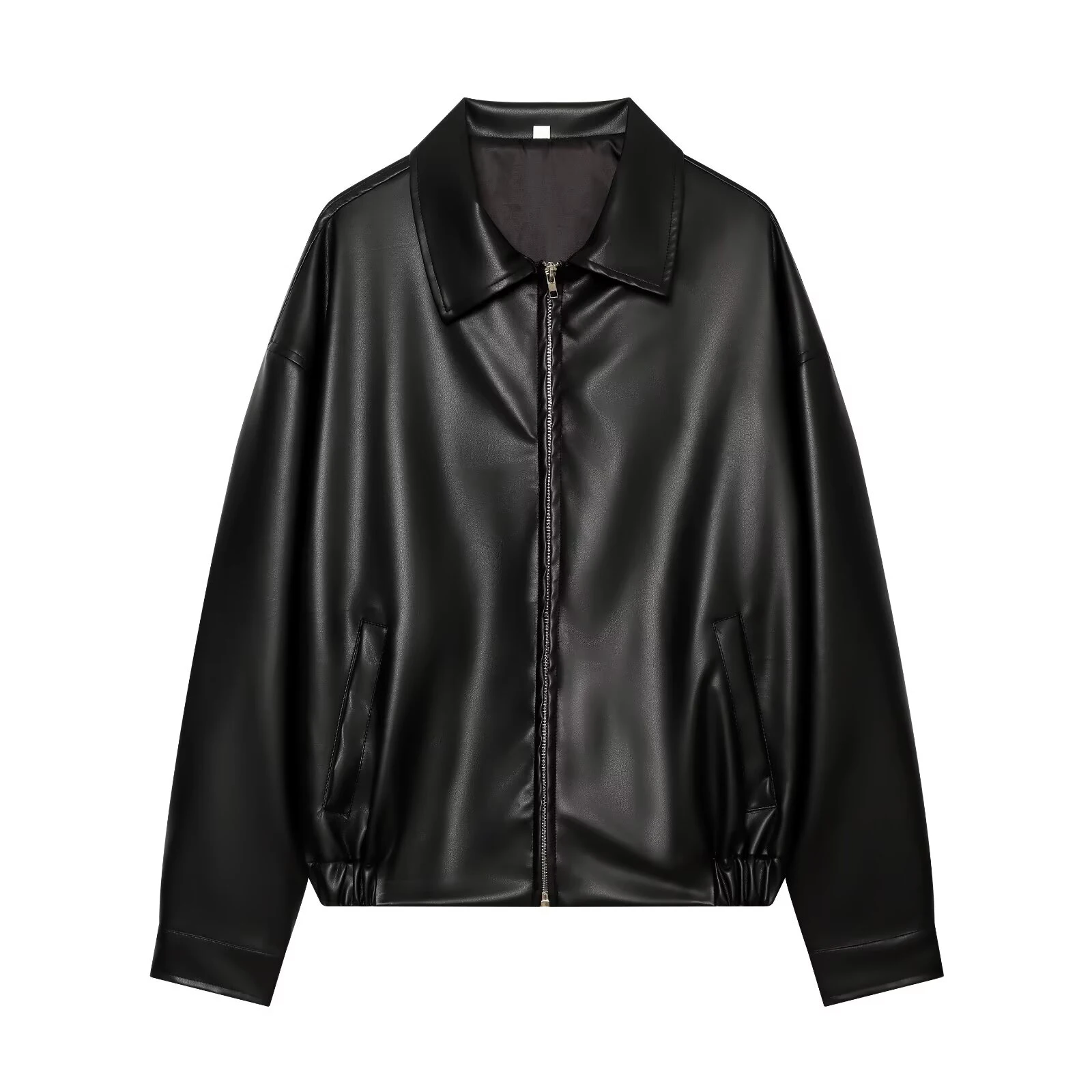 Autumn New Arrival Women's French Office Style Flared Collar Long Sleeve Zippered PU Leather-Like Short Jacket Coat