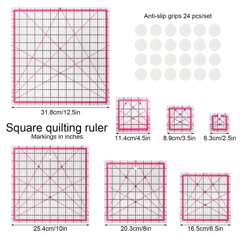 7 Piece Acrylic Quilting Rulers Set, Square & Rectangular Sewing Rulers with 24 Non-Slip Rings, Fabric Cutting Templates for Quilting, Sewing, Patchwork & Crafting, Sizes 4.5