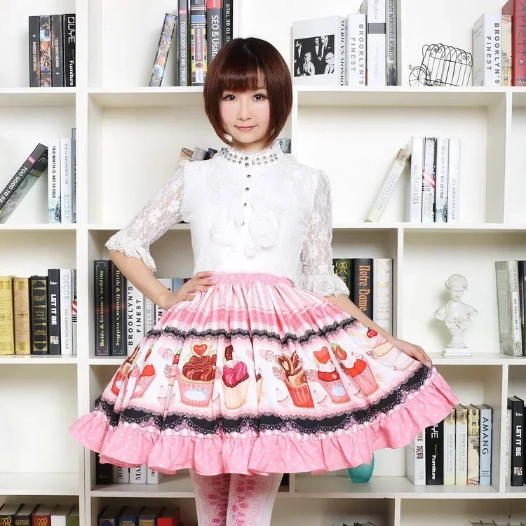 แฟนซี Mori สาวกระโปรงสั้นสีชมพูหวานถ้วยเค้กพิมพ์ Lolita จีบกระโปรง