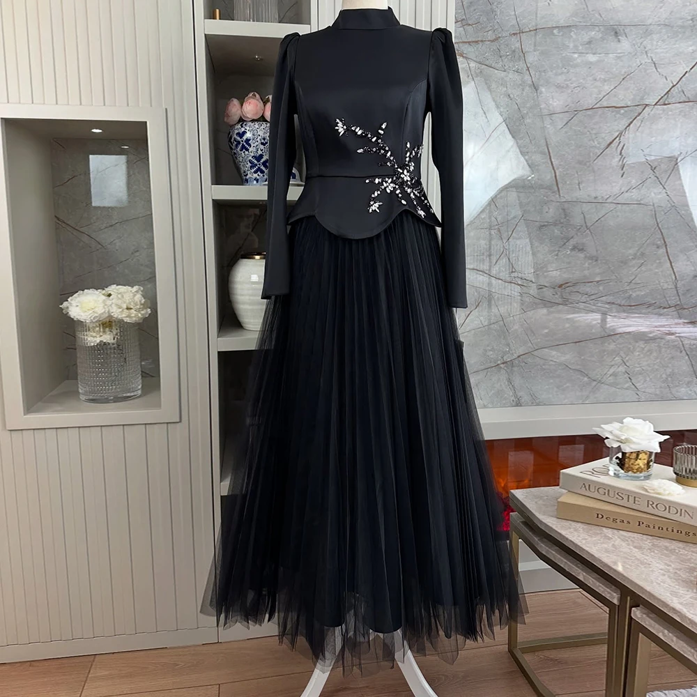 

Customized A-line Evening Dresses Floor-length High-neck Full Sleeve Prom Gown Fashion Beading Crystal Flowers Draped Party Gown