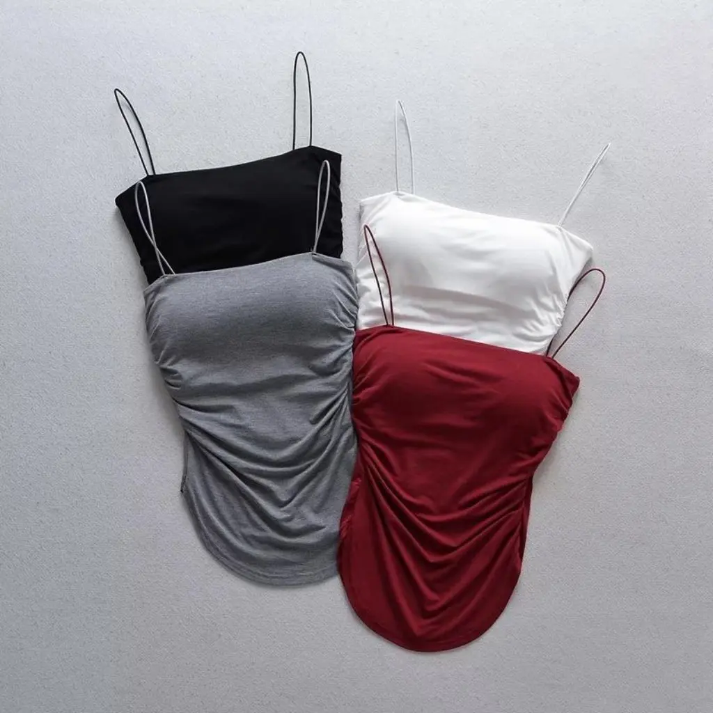 

Summer New Female American Style Pleated Design Short Camisole Vest Sexy Solid Color Niche with Chest Pad Hot Girl