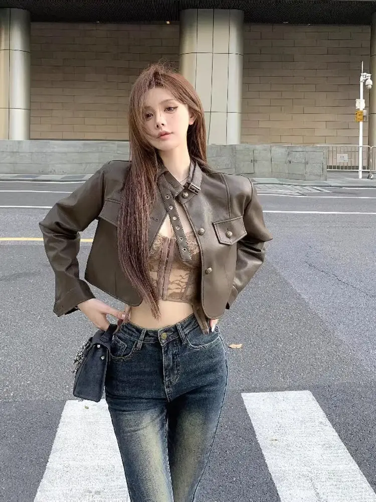 Ele ort PU cuir Biker Jaet femmes Faion printemps automne nouveau Sle petite taille personnalité haut d'extérieur