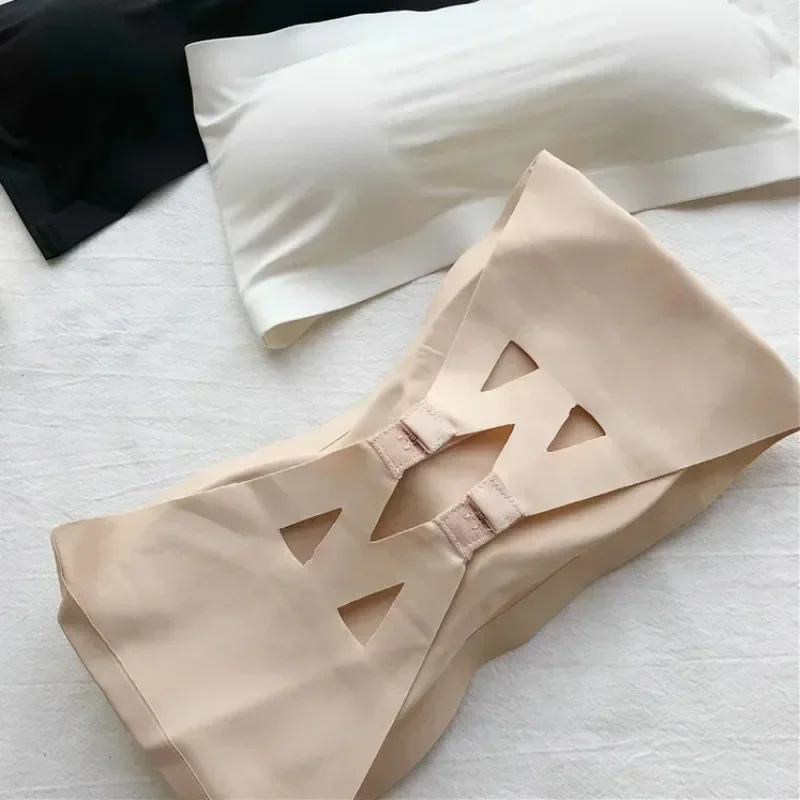 Bra tanpa tali wanita, atasan tabung satu potong mulus bantalan dapat dilepas intim dasar hitam/putih/kulit tanpa tali Bandeau Lingerie seksi