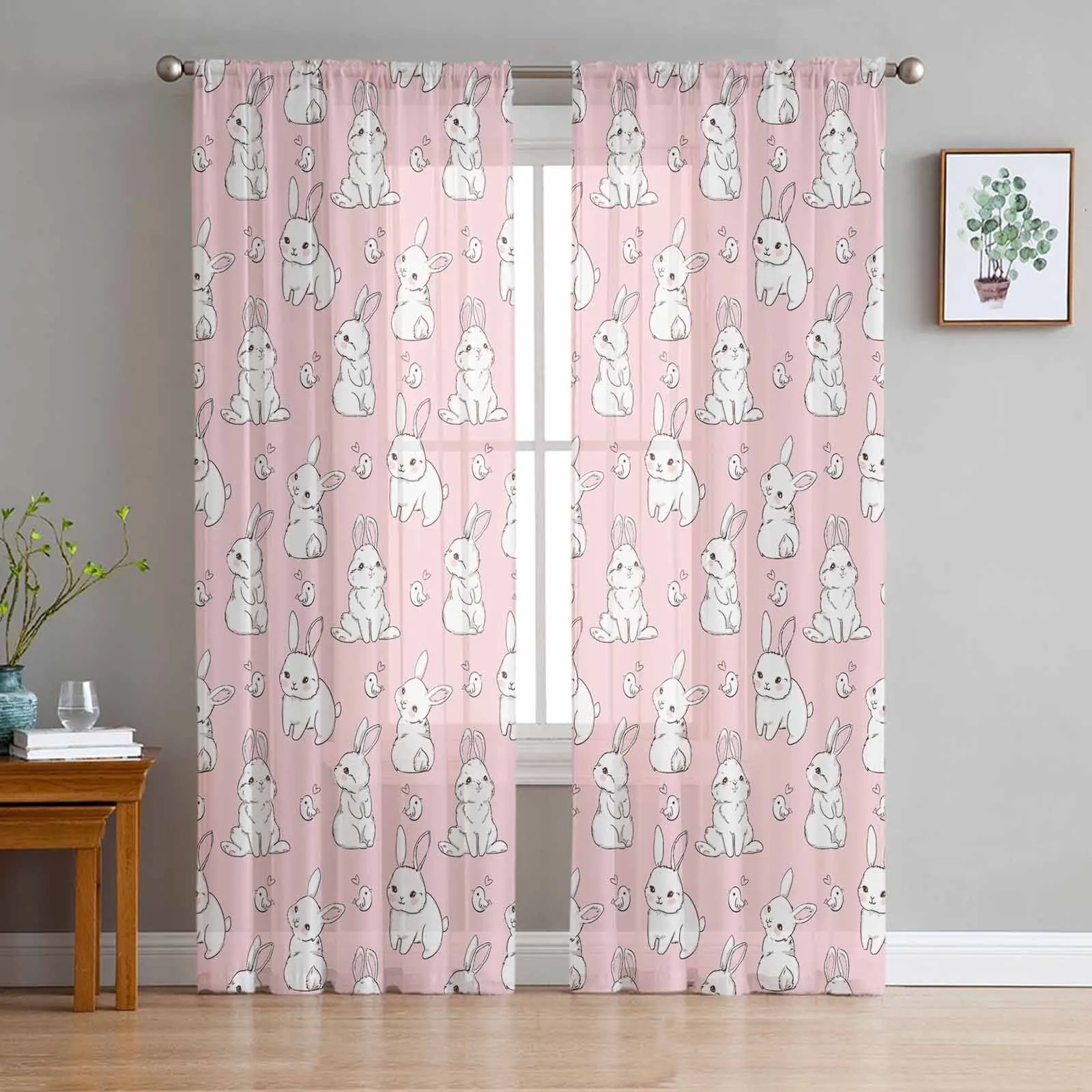 Pink Bunny Texture Tulle Curtains for Living Room Sheer Curtain for Bedroom Kitchen Blinds Voile Curtains