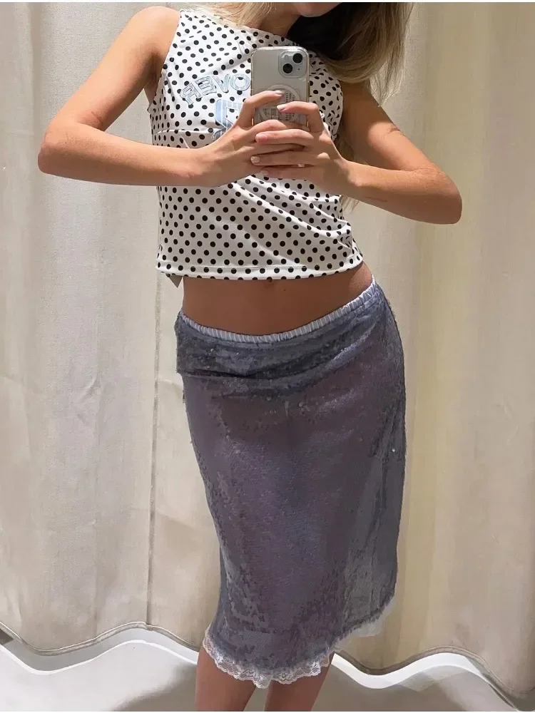 

New Pink Sequin Fashion Y2k Skirt Women's Patchwork Summer High Waist See-Through Shiny Skirt Female Slim Glitter Skirt