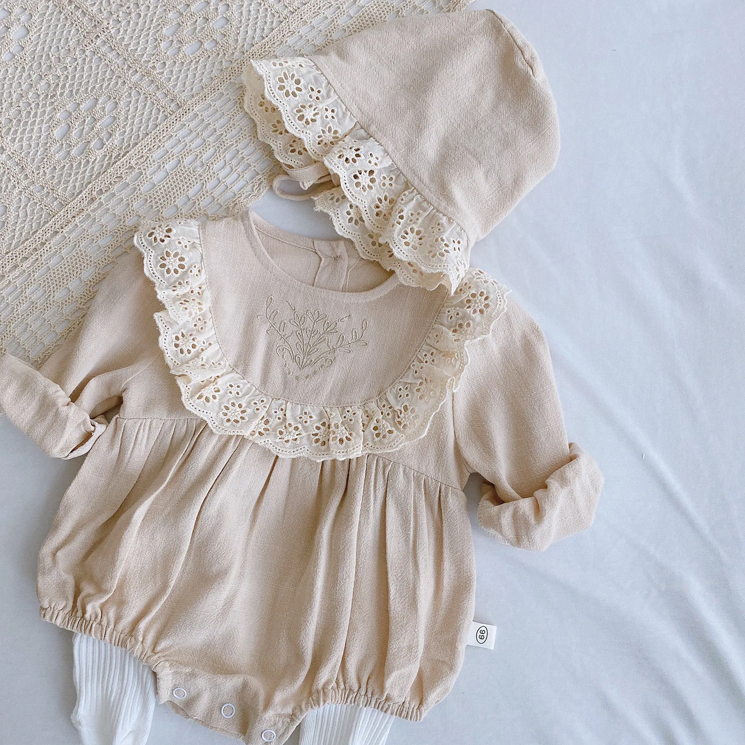 Kid Girl Simple Solid Bodysuit Baby Comfortable Thin Cotton Jumpsuit One Piece Infant Outfits With Girls Sweet Lace Cap