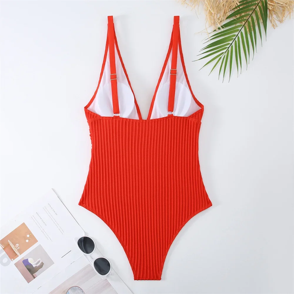 Biquíni retrô de cintura alta com nervuras, decote em v profundo, monokini y2k, roupa de banho para férias, peça única, roupa de praia feminina