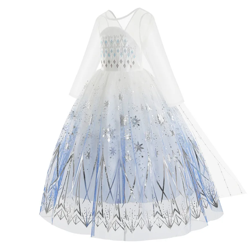 Birthday Princess Elsa With Cape Dress For Girl White Long Sleeved Lace Dress Festive Party Snow Queen Dress 2-10Yrs