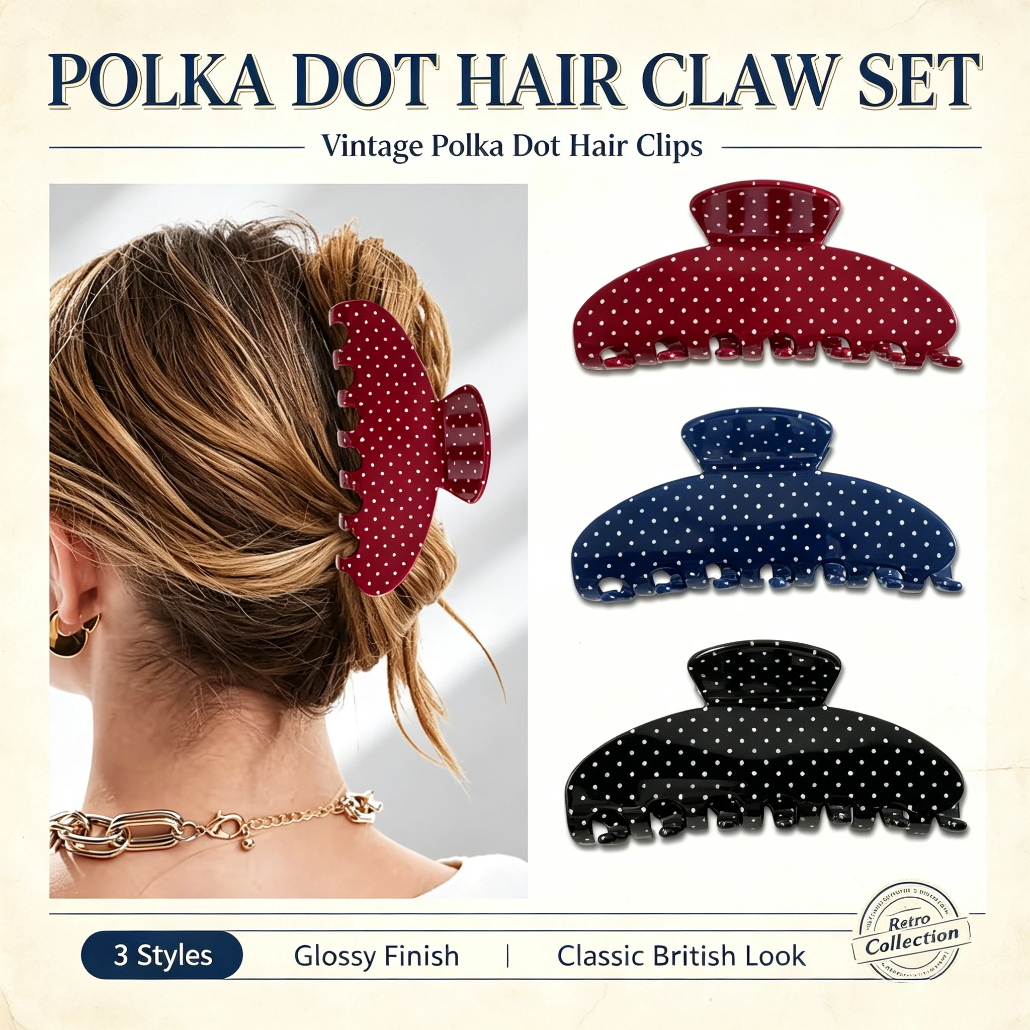 Cross-border Korean version of retro polka dot girl sweet high sense fashion back head hair grab clip new hairpin