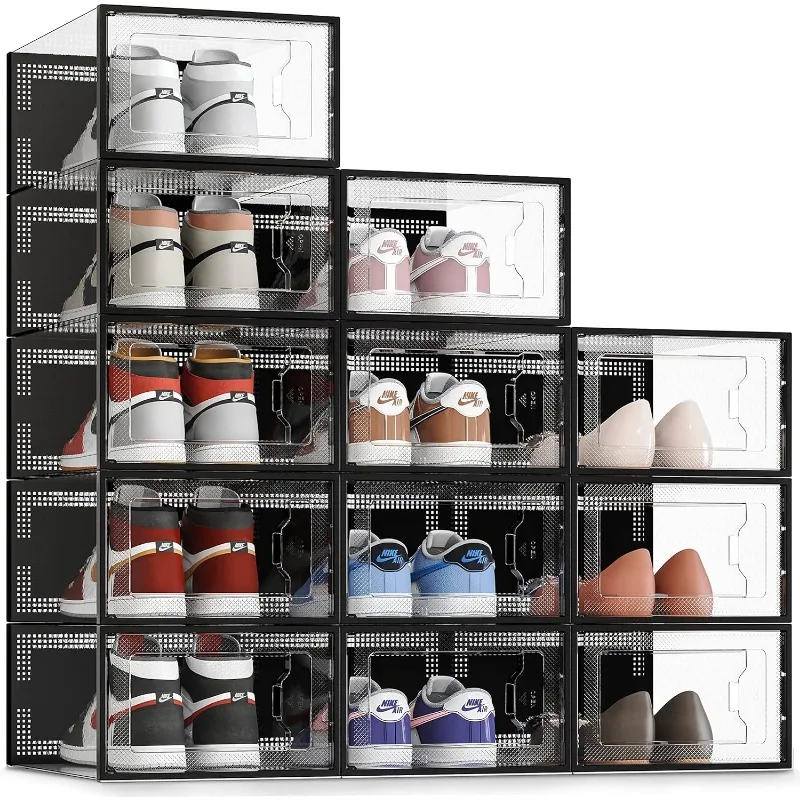 12 Pack Shoe Storage Box, Clear Plastic Stackable Shoe Organizer for Closet, Space Saving Shoe Rack