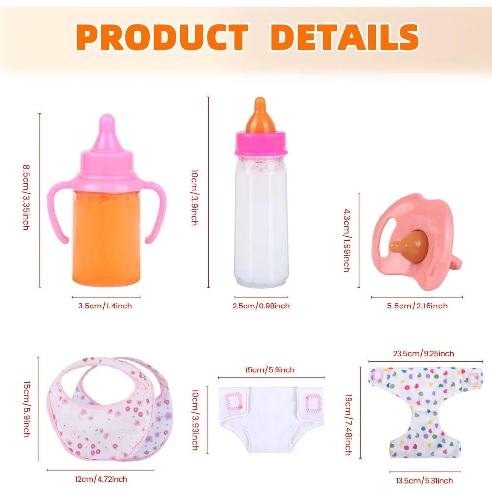Baby Doll Accessories Set 7PCS Feeding & Caring Set with Magic Bottles Pacifier Diapers Bibs Doll Pretend Play Gift for Kids