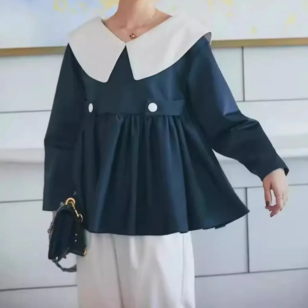 Kuzuwata Lovely Loose Peter Pan Collar Long Sleeve Shirt Panelled Ruched Moda Sweet Blouses Japan Age Reduction Ball Gown Blusas