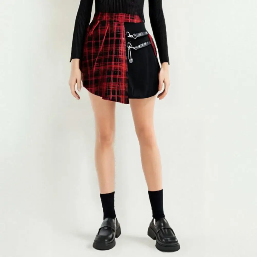 Womens Harajuku Punk Irregular Pleated Skirt Asymmetric Cutout High Waist Hip Hop Clubwear Gothic Women Checkered Mini Skirt