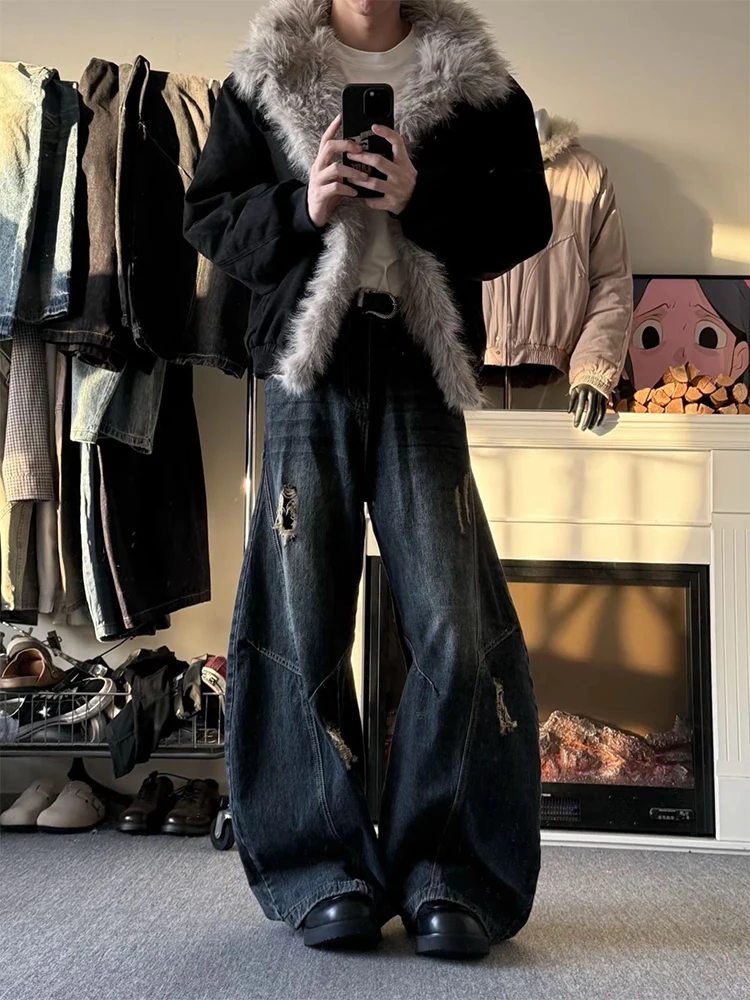 

Bla American Retro Hole Knife Denim Jeans Men's Autumn Winter Banana Scythe Pants Small Size Wide Leg Pants