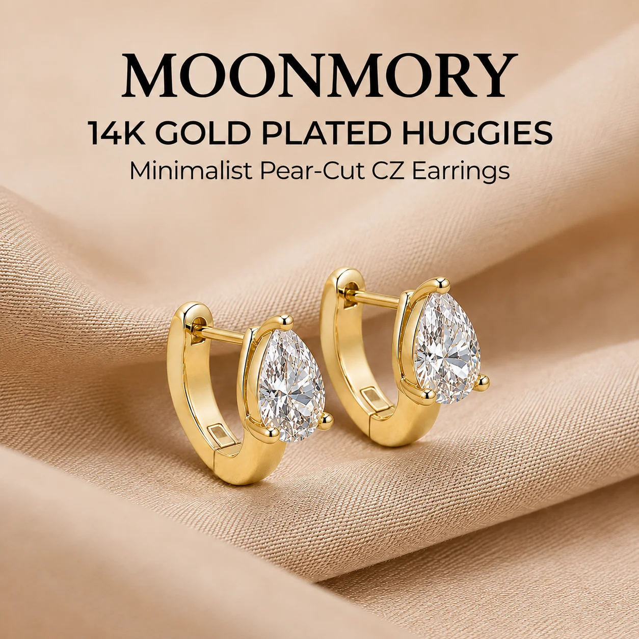 Moonmory Minimalistische Luxus-Marken-Schmuckstücke, Messing-Ohrringe im Birnen-Schliff für Damen, 5A 14K Doppel-Goldplattierung, Zirkon-Creolen – Detail 6