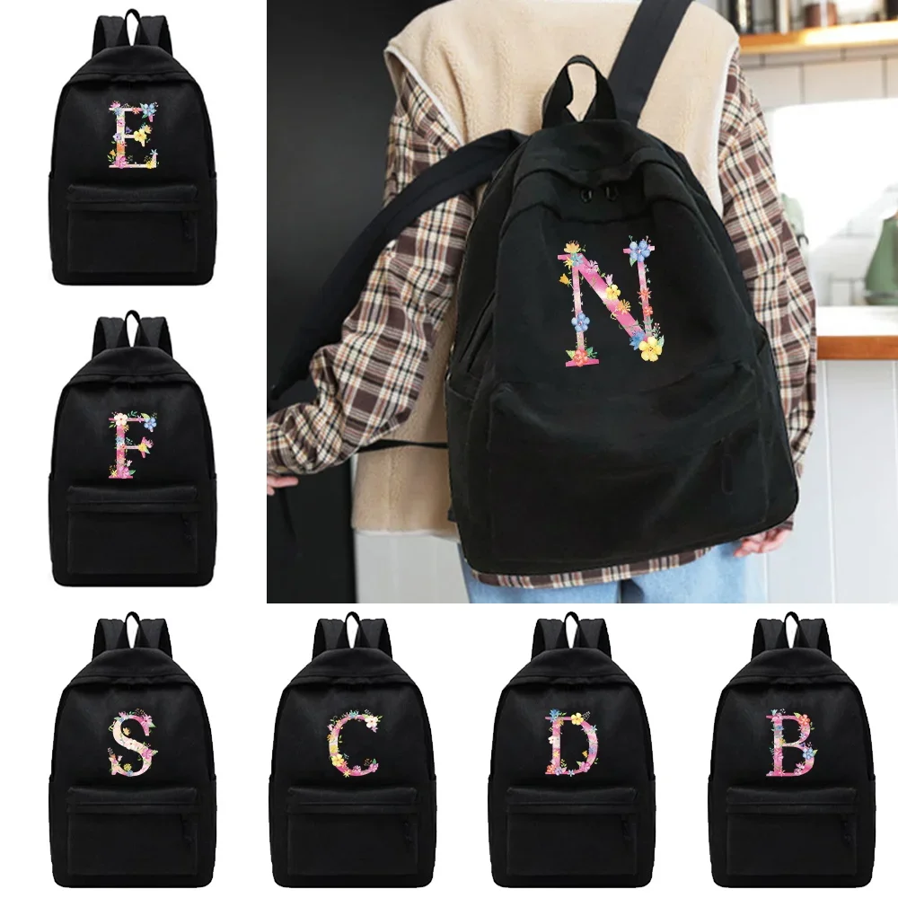 

Women School Backpack Pink Letter Black Canvas Bagpack Female Theft Rucksack Casual Lady Travel Backpacks Korean Back Pack 2024