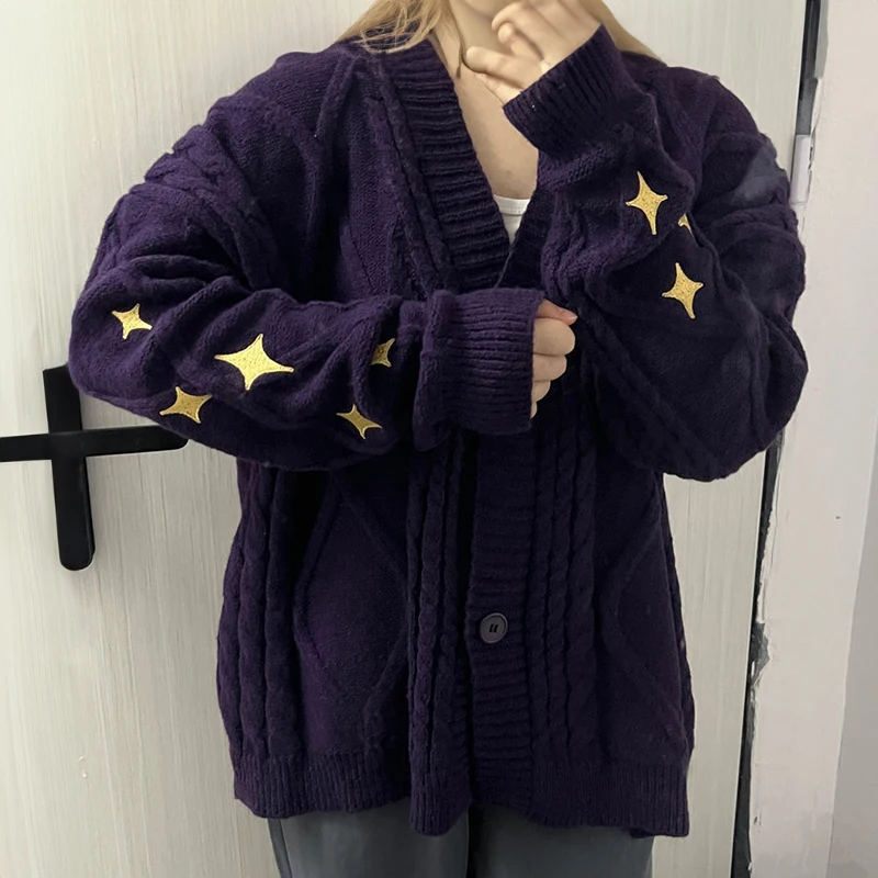 Speak Now Cardigan with Star Embroidery Button Up Chunky Knit Purple Sweater TV Album TS Fall Winter Concert Eras Tour Outfit