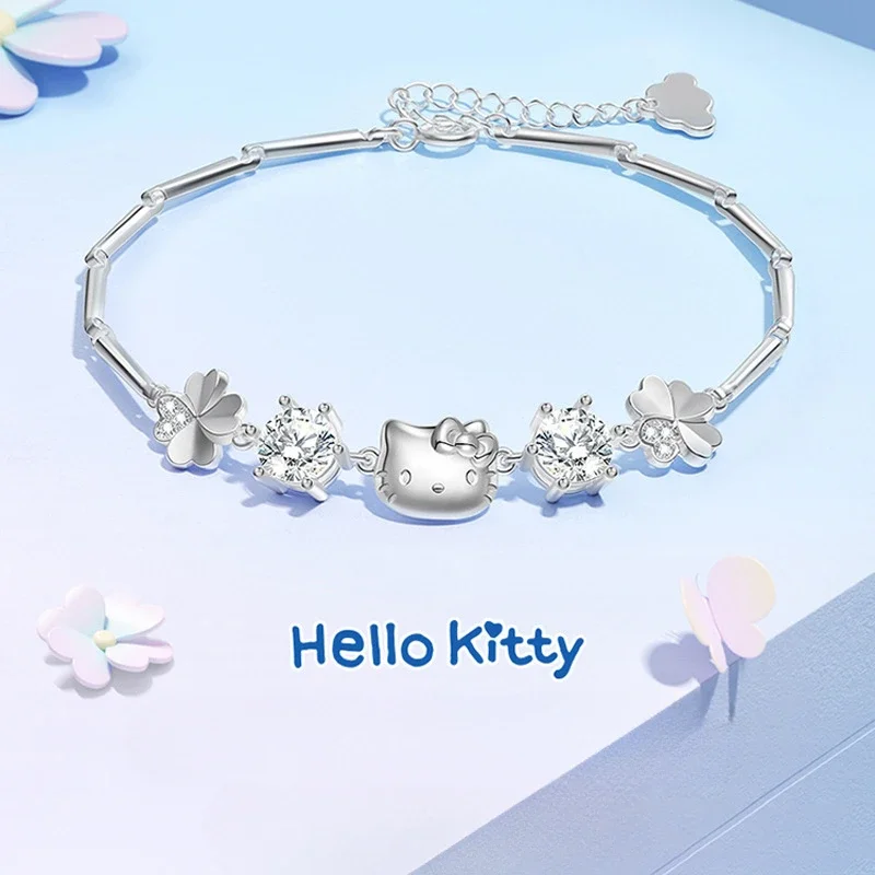 Sanrio Hello Kitty Bracelet Cartoon Anime Fashion Luxury Lucky Four Leaf Clover Bracelet for Women Charm Jewelry Lovers Gifts