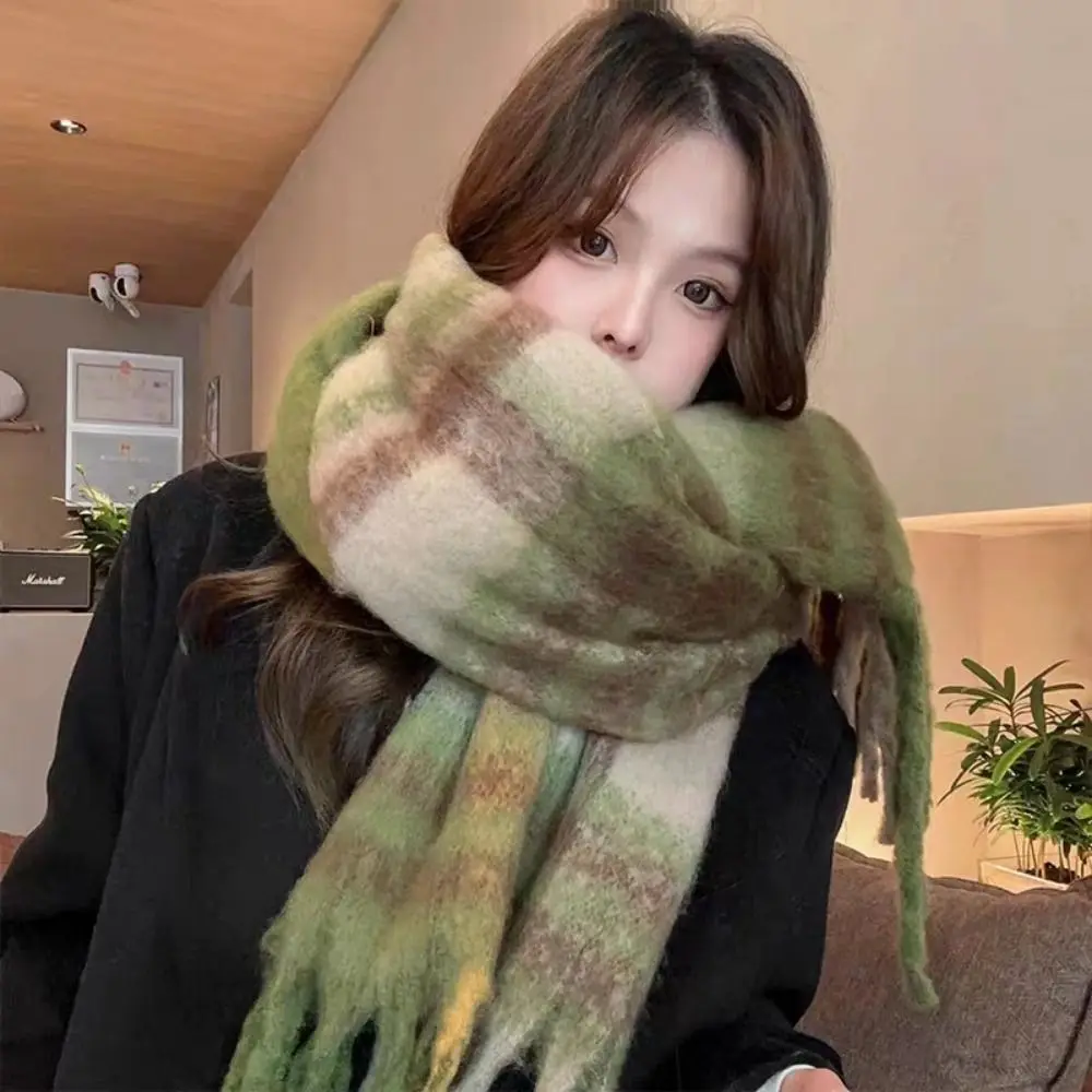 Tassel Plaid Wool Scarf Plush Colour Matching Long Shawl Wool Scarves Cashmere Shawl Winter Cashmere Scarves Autumn Winter