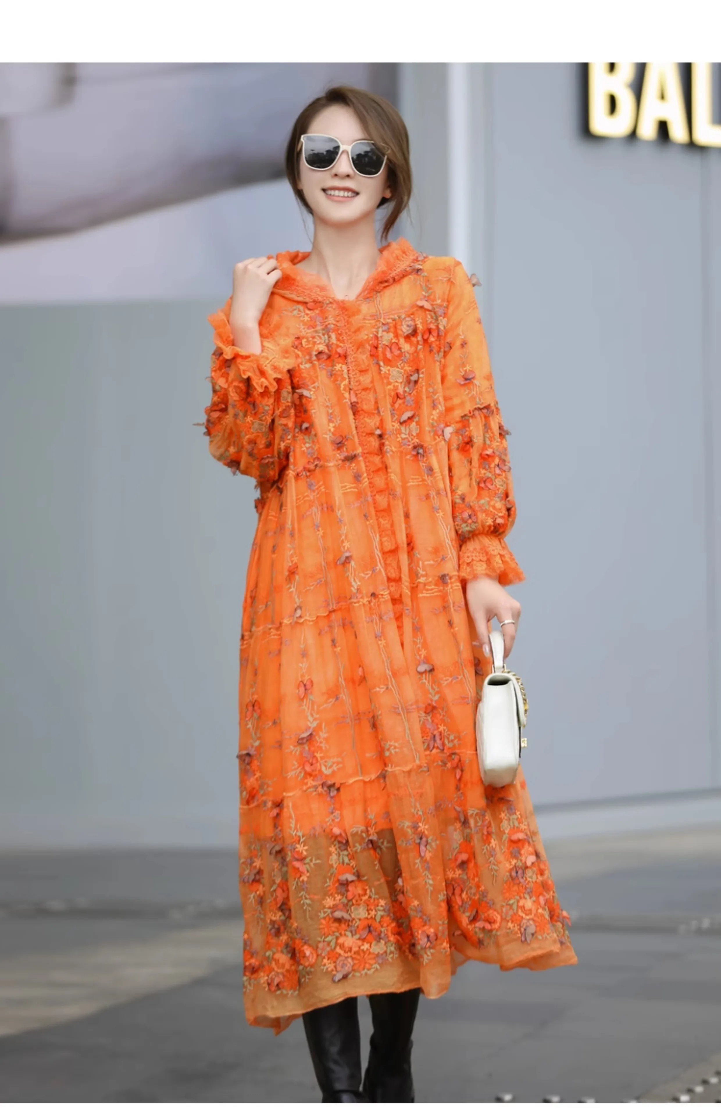 Vibrant Orange Hooded Petal Sleeves Women Silk Coat Loose And Luxury Floating Flower Embroidered Cotton Clothes One Size