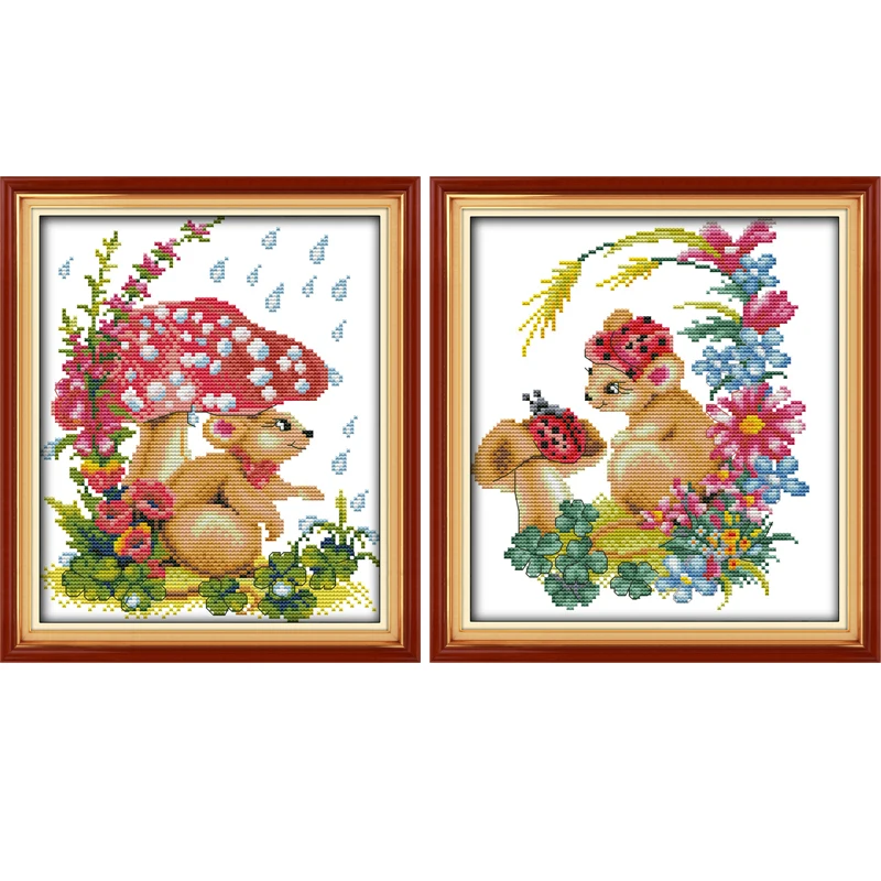 Cross Stitch Complete Set With Pattern Kit Mushrooms And A Male Mouse Stamped Counted Cloth Printed Unprinted Home Decor