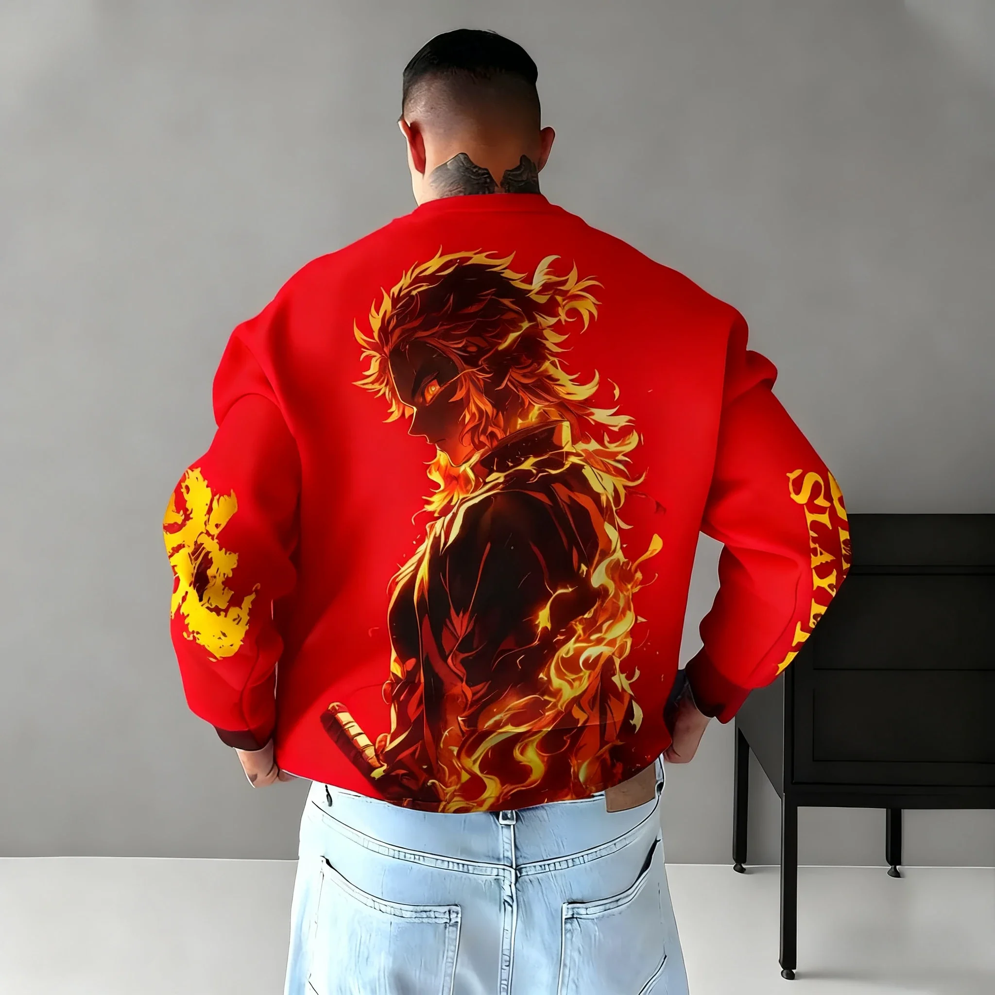 Sweat à capuche sans tête imprimé Demon Slayer Anime Rengoku Kyoujurou, automne/hiver 2026, pull ample à col rond pour hommes, Harajuku quotidien