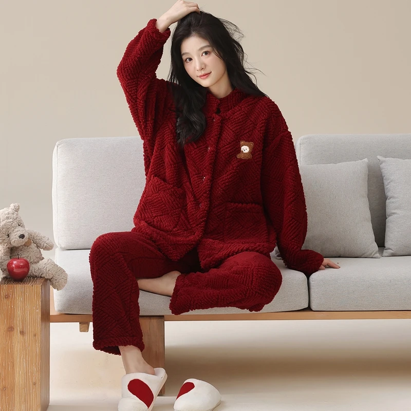 MiiOW Women's Winter Flannel Pajamas Set Standing Neck Button Cardigan Sleepwear Coral Fleece Homewear Thick Warm Female Pajamas