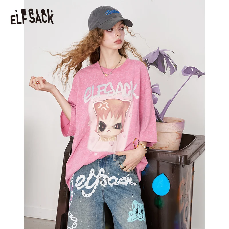 

ELFSACK 2025 Summer New Arrival Loose Casual Niche Pink Cartoon Print Short-Sleeved T-Shirt For Women