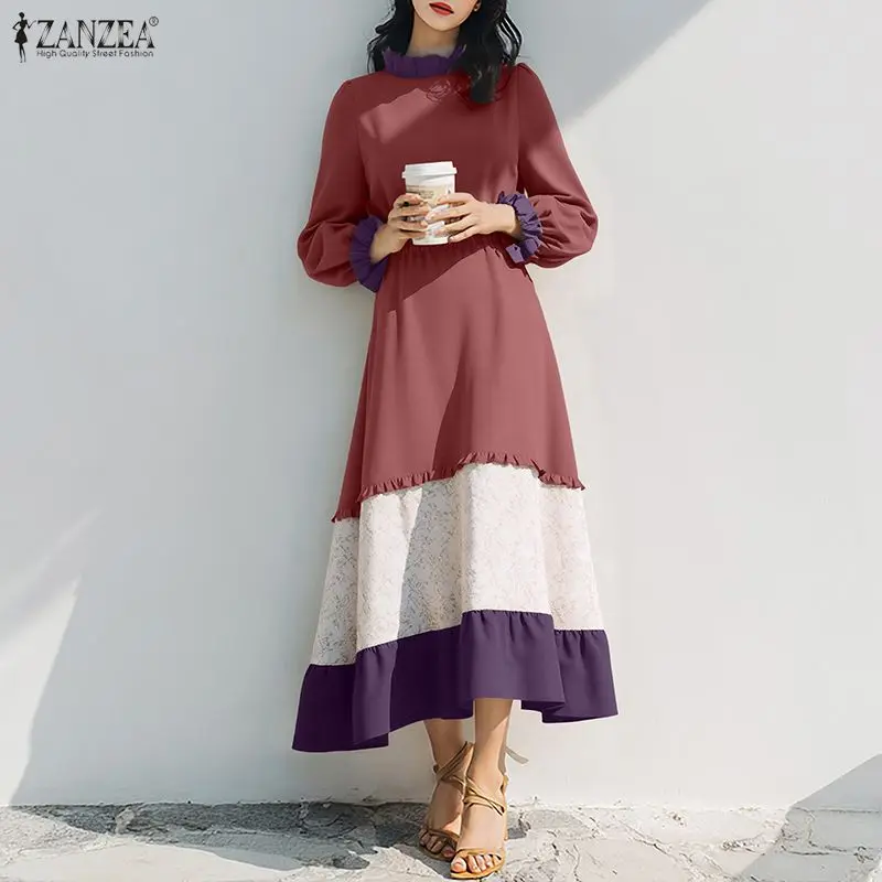 ZANZEA Modne Sukienki Maxi Damskie Jesienne Stójka Długi Rękaw Falbany Długie Sukienki Vestidos 2026 Patchwork Casual Elegancka Sukienka na Imprezę