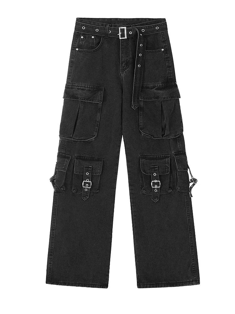 Nieuwe Pure Kleur Klassieke High Taille Street Dames Wijde Pijpen Broek Amerikaanse Mode Meerdere Zakken Eenvoudige Casual Losse Vrouwen Jeans