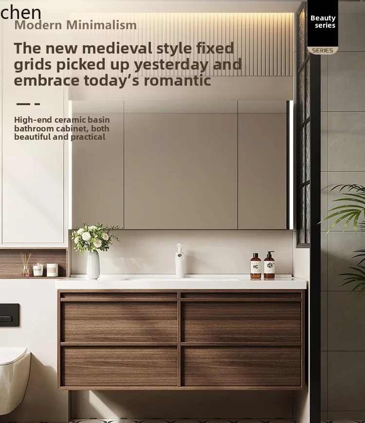 Medieval walnut ceramic integrated basin bathroom cabinet combination bathroom washstand bathroom wash basin washbasin