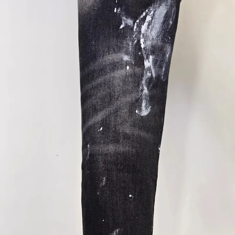 Men Black Washed Splatter Paint Ripped Skinny Jeans Mid Waist Stretch Slim Fit Denim Casual Long Trousershombre