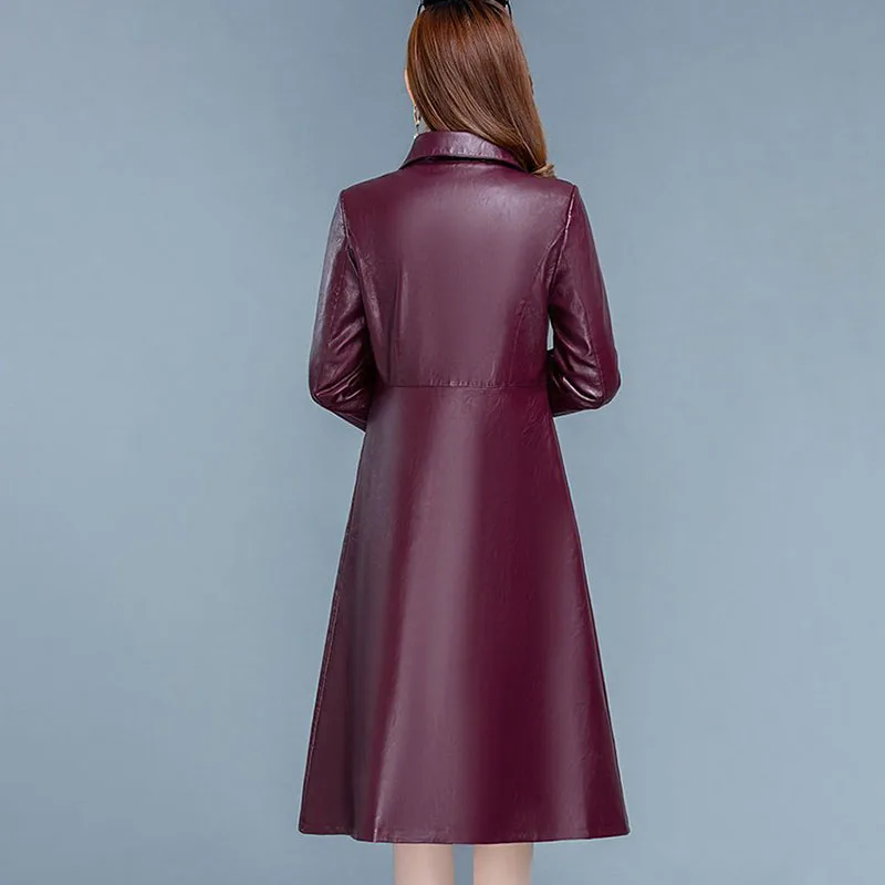 Veste en cuir décontractée chic pour femme, pardessus pour femme, trench-coat en cuir à simple boutonnage, mi-long, mince, coréen, printemps, automne, nouveau, 2024