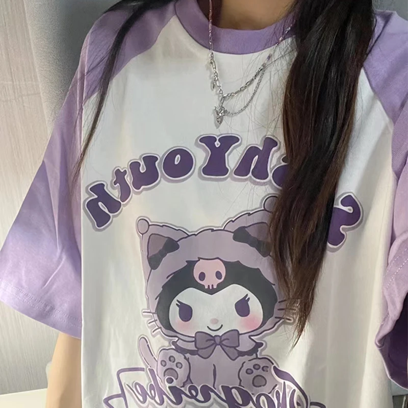 Sanrio Cartoon Print T-shirt Women Round Neck Raglan Short Sleeve Casual Loose T-shirt