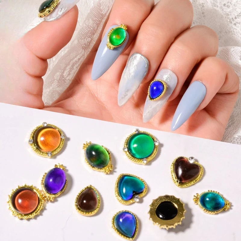 1Pc Trendy New Year Nail Rhinestones, Color-changing Temperature-sensitive Cat Eye & Iridescent Alloy Water-drop Nail Decoration